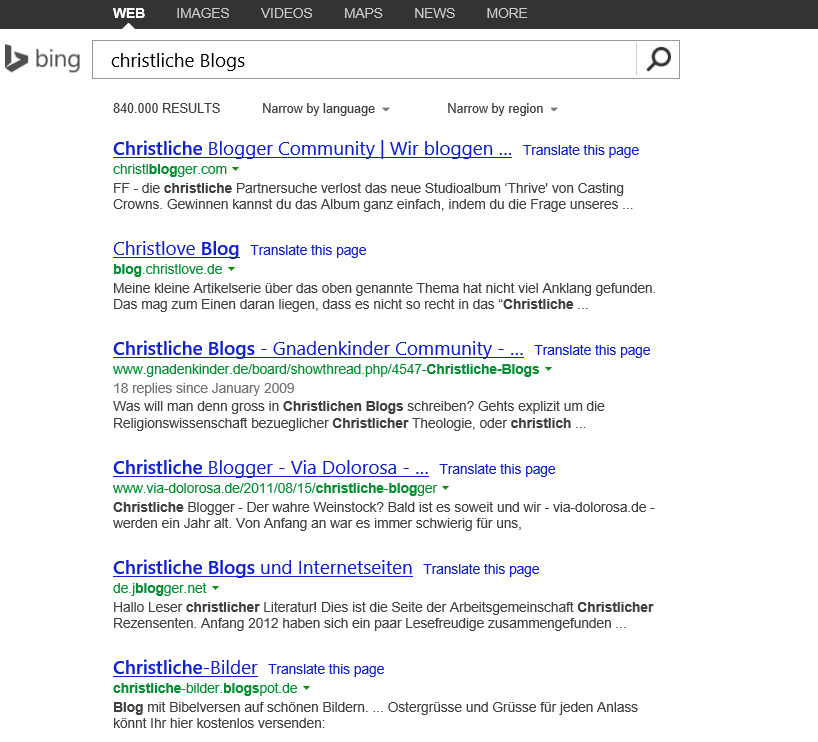 Bing-Suche: christliche Blogs